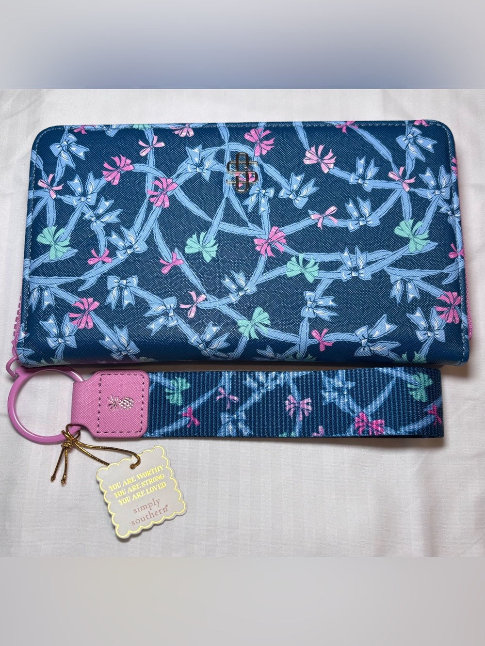 Simply Southern Wristlet Large Zip Around Wallet Blue and Pink with Bow Print